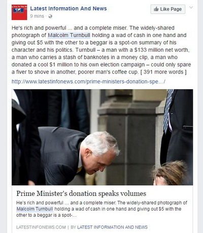 Một tài khoản trên Facebook chỉ trích ông Malcolm Turnbull keo kiệt - Ảnh chụp màn hình FB